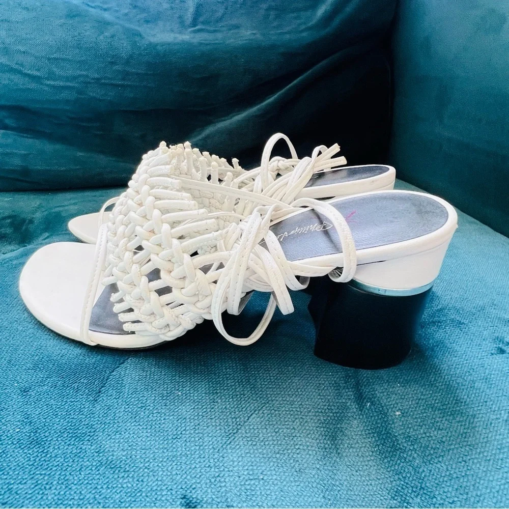 PHILLIP LIM STRAPPY WRAP CHUNKY HEEL WHITE MACRAMÉ BRAIDED SANDALS SIZE 7.5
